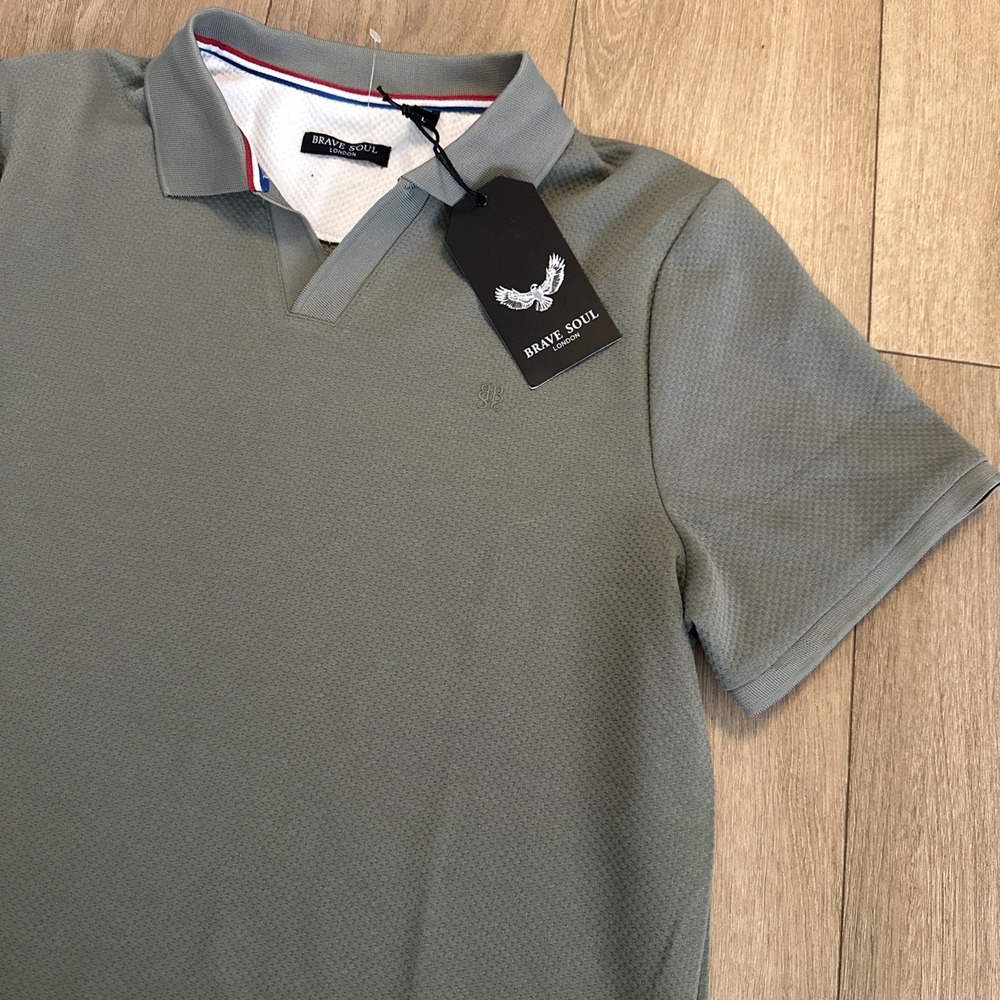 Brave Soul London Men's Short Sleeve Polo Shirt Sage Green Designer Preppy Large